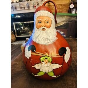Large Hand Painted Gourd Folk Art Santa Small Jester Signed One Of A Kind